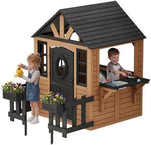Outdoor Wooden Playhouse with Kitchen Playset, Backyard Cottage for Kids with Fence, Dutch Door and Wooden Flowerpot, Pretend Play House for Boys and Girls Ages 3-8 Outdoor Wooden Playhouse with Kitchen Playset, Backyard Cottage for Kids with Fence, Dutch Door and Wooden Flowerpot, Pretend Play House for Boys and Girls Ages 3-8