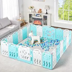 Baby Playpen, 22 Panels Foldable Baby Fence with Game Panel and Safety Gate, Adjustable Shape, Portable Play Yards for Children Toddlers Indoors or Outdoors (White+Blue, 22 Panel) Baby Playpen, 22 Panels Foldable Baby Fence with Game Panel and Safety Gate, Adjustable Shape, Portable Play Yards for Children Toddlers Indoors or Outdoors (White+Blue, 22 Panel)