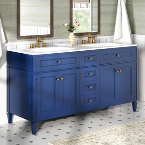 60 Freestanding Bathroom Vanity with Sink, Modern Double Sink Vanity 30-Minute Easy Assembly, Solid Wood Vanity Cabinet with 3 Storage Drawers & Adjustable Shelves, Navy Blue 60 Freestanding Bathroom Vanity with Sink, Modern Double Sink Vanity 30-Minute Easy Assembly, Solid Wood Vanity Cabinet with 3 Storage Drawers & Adjustable Shelves, Navy Blue