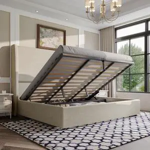 Lift Up Storage Bed King Size Linen Upholstered Platform Bed Frame, Hydraulic Storage,Modern Wingback Headboard, No Box Spring Needed, Khaki Lift Up Storage Bed King Size Linen Upholstered Platform Bed Frame, Hydraulic Storage,Modern Wingback Headboard, No Box Spring Needed, Khaki
