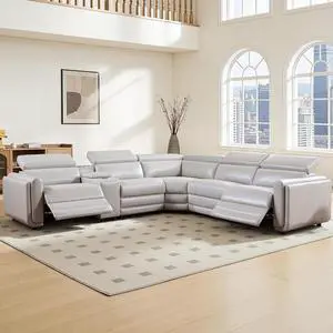 Power Recliner Sofa, Electric Reclining Sofa with Console & Dual Recliner, Leather Sectional Couch for Living Room, Light Grey Power Recliner Sofa, Electric Reclining Sofa with Console & Dual Recliner, Leather Sectional Couch for Living Room, Light Grey