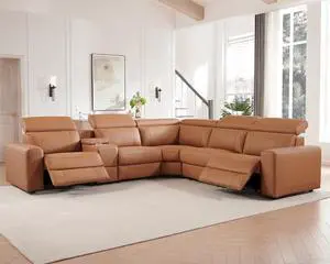 Power Recliner Sectional Sofa with Storage/USB Port, Leather Recliner Sofa with Adjustable Headrest, Reclining Sectional Couches with Console and Cup Holder for Living Room (Brown, 5-Seater) Power Recliner Sectional Sofa with Storage/USB Port, Leather Recliner Sofa with Adjustable Headrest, Reclining Sectional Couches with Console and Cup Holder for Living Room (Brown, 5-Seater)