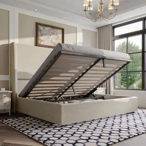 Lift Up Storage Bed Queen Size Linen Upholstered Platform Bed Frame, Hydraulic Storage,Modern Wingback Headboard, No Box Spring Needed, Khaki Lift Up Storage Bed Queen Size Linen Upholstered Platform Bed Frame, Hydraulic Storage,Modern Wingback Headboard, No Box Spring Needed, Khaki