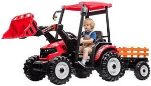 24V Ride on Tractor for Kids with Trailer & Front Loader, 3-in-1 Electric Construction Vehicle, Dual Motors, All-Terrain Wheels, LED Lights, Outdoor Gift for Boys Girls Ages 3-8 (Red) 24V Ride on Tractor for Kids with Trailer & Front Loader, 3-in-1 Electric Construction Vehicle, Dual Motors, All-Terrain Wheels, LED Lights, Outdoor Gift for Boys Girls Ages 3-8 (Red)