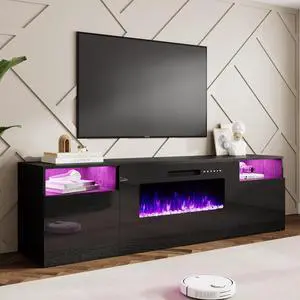 80" Fireplace TV Stand for TVs up to 90", Modern TV Console with 40" Electric Fireplace & High Gloss Storage Cabinets, Media Entertainment Center with 12 Colors LED Lights, Black 80" Fireplace TV Stand for TVs up to 90", Modern TV Console with 40" Electric Fireplace & High Gloss Storage Cabinets, Media Entertainment Center with 12 Colors LED Lights, Black