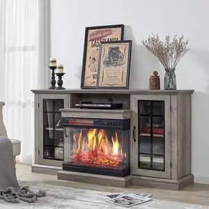 3-Sided Glass Fireplace TV Stand for TVs up to 65'' with 12 Color, Media Entertainment Center Console Table with Doors Closed Storage, Wash Gray 3-Sided Glass Fireplace TV Stand for TVs up to 65'' with 12 Color, Media Entertainment Center Console Table with Doors Closed Storage, Wash Gray