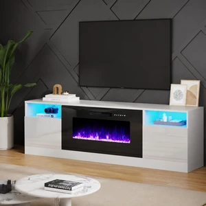 TV Stand with Fireplace, LED Light Entertainment Center with 36" Electric Fireplace, 70" Modern Wood Entertainment Stand with Highlight Storage Cabinet for TVs up to 80", White & Black TV Stand with Fireplace, LED Light Entertainment Center with 36" Electric Fireplace, 70" Modern Wood Entertainment Stand with Highlight Storage Cabinet for TVs up to 80", White & Black