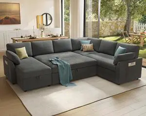 112 inch Sleeper Sofa, 2-in-1 Sofa Bed with Storage Chaise, Oversized U Pull Out Shape Sofa Couch for Living Room, Guest Room, Linen Grey 112 inch Sleeper Sofa, 2-in-1 Sofa Bed with Storage Chaise, Oversized U Pull Out Shape Sofa Couch for Living Room, Guest Room, Linen Grey