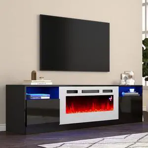 80" Fireplace TV Stand with 40" Electric Fireplace, High Gloss Modern Entertainment Center with Storage Cabinets for TVs Up to 90", Black & White 80" Fireplace TV Stand with 40" Electric Fireplace, High Gloss Modern Entertainment Center with Storage Cabinets for TVs Up to 90", Black & White
