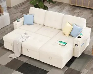 84 Inch Pull Out Couch, Sleeper Sofa with Storage Chaise, Tufted L Shape Convertible Couch with 2 USB & Cup Holders, Boucle White 84 Inch Pull Out Couch, Sleeper Sofa with Storage Chaise, Tufted L Shape Convertible Couch with 2 USB & Cup Holders, Boucle White