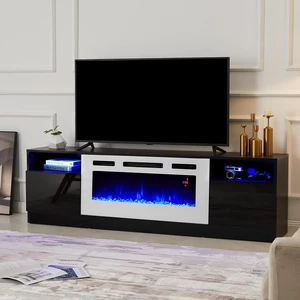 Fireplace TV Stand with 36" Electric Fireplace, LED Light Entertainment Center, Modern Wood Texture Entertainment Stand with Highlight Storage Cabinet for TVs Up to 80", 70", Black & White Fireplace TV Stand with 36" Electric Fireplace, LED Light Entertainment Center, Modern Wood Texture Entertainment Stand with Highlight Storage Cabinet for TVs Up to 80", 70", Black & White