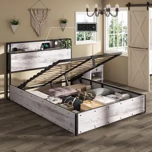 Queen Size Lift Up Storage Bed Frame, Wooden Platform Bed Frame with Lifting Storage & Charging Station, No Spring Box Needed/Noise Free, White Birch Queen Size Lift Up Storage Bed Frame, Wooden Platform Bed Frame with Lifting Storage & Charging Station, No Spring Box Needed/Noise Free, White Birch