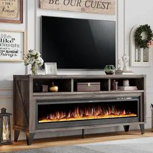 65" Fireplace TV Stand with 60" Glass Electric Fireplace, Industrial & Farmhouse Media Entertainment Center with Open Shelve Storage for TVs Up to 75", TV Console for Living Room, Light Gray 65" Fireplace TV Stand with 60" Glass Electric Fireplace, Industrial & Farmhouse Media Entertainment Center with Open Shelve Storage for TVs Up to 75", TV Console for Living Room, Light Gray