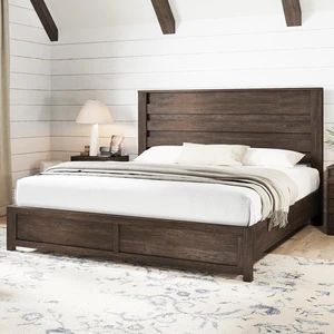 Wooden King Bed Frame with 49" Fluted Headboard | Grey Farmhouse Platform Bed, Natural Grain Finish, Noise-Free Frame, No Box Spring Required, Easy Assembly, 1000 lbs Support Wooden King Bed Frame with 49" Fluted Headboard | Grey Farmhouse Platform Bed, Natural Grain Finish, Noise-Free Frame, No Box Spring Required, Easy Assembly, 1000 lbs Support