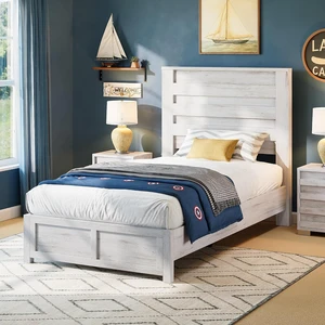 Farmhouse Twin Bed Frame with 49" Fluted Headboard, Platform Bed with Natural Wood Grain Finish, Noise Free, No Box Spring Needed, Distressed White Farmhouse Twin Bed Frame with 49" Fluted Headboard, Platform Bed with Natural Wood Grain Finish, Noise Free, No Box Spring Needed, Distressed White