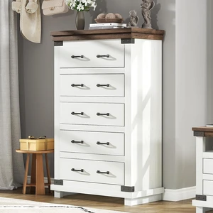 Farmhouse Dresser with 5 Drawers, 48" Tall Wood Dresser for Bedroom, Living Room & Entryway, Chest of Drawers with Smooth Metal Slide Rails & Anti-Tipping Design, Antique White Farmhouse Dresser with 5 Drawers, 48" Tall Wood Dresser for Bedroom, Living Room & Entryway, Chest of Drawers with Smooth Metal Slide Rails & Anti-Tipping Design, Antique White