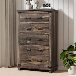 Farmhouse 5 Drawer Dresser, 48" Tall Wood Chest of Drawers with Anti-Tip Design & Smooth Metal Rails, Storage Cabinet for Bedroom, Living Room & Entryway, Black Oak Farmhouse 5 Drawer Dresser, 48" Tall Wood Chest of Drawers with Anti-Tip Design & Smooth Metal Rails, Storage Cabinet for Bedroom, Living Room & Entryway, Black Oak