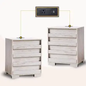 End Tables with Charging Station, Wood Bedside Table with 2 Drawers, Farmhouse Nightstand Set of 2 with Slated Handles & Stainless Steel Feet for Bedroom, Living Room, Distressed White End Tables with Charging Station, Wood Bedside Table with 2 Drawers, Farmhouse Nightstand Set of 2 with Slated Handles & Stainless Steel Feet for Bedroom, Living Room, Distressed White
