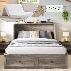 Full Murphy Bed Cabinet with 6" Tri-Fold Memory Foam Mattress, Storage Drawer & Charging Station, Space-Saving Guest Bed for Home Office, Rustic Grey Full Murphy Bed Cabinet with 6" Tri-Fold Memory Foam Mattress, Storage Drawer & Charging Station, Space-Saving Guest Bed for Home Office, Rustic Grey