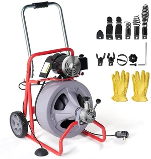 100 FT x 3/8 inch Electric Drain Cleaner Machine with Auto-Feed & 9 Cutters, Sewer Snake Auger for 14 Inch Pipes, Foot Switch & Wheels, Ideal for Home & Commercial Use, Grey/Red 100 FT x 3/8 inch Electric Drain Cleaner Machine with Auto-Feed & 9 Cutters, Sewer Snake Auger for 14 Inch Pipes, Foot Switch & Wheels, Ideal for Home & Commercial Use, Grey/Red