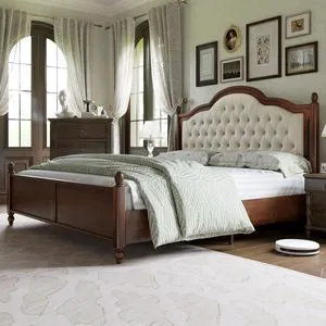 Solid Wood Queen Size Bed Frame, Platform Bed with Upholstered Headboard, Luxury Beds with Wood Slat Support, Walnut Solid Wood Queen Size Bed Frame, Platform Bed with Upholstered Headboard, Luxury Beds with Wood Slat Support, Walnut