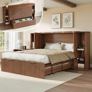 Queen Murphy Bed with Storage Bedside Shelves & Sliding Tambour Door, Modern Cabinet Bed with Charging Station & Curved Fluted Design for Bedroom/Guest/Home Office, Brown Queen Murphy Bed with Storage Bedside Shelves & Sliding Tambour Door, Modern Cabinet Bed with Charging Station & Curved Fluted Design for Bedroom/Guest/Home Office, Brown