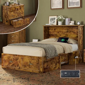 Twin Size Murphy Bed, Farmhouse Wooden Cabinet with Charging Station and Storage Drawer for Bedroom/Office/Guest Room, Rustic Brown Twin Size Murphy Bed, Farmhouse Wooden Cabinet with Charging Station and Storage Drawer for Bedroom/Office/Guest Room, Rustic Brown
