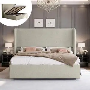 King Size Lift Up Storage Bed Frame with 51.2" Wingback Headboard, Linen Upholstered Platform Bed, Hydraulic Support System, Reinforced Metal Structure, No Box Spring Needed, Khaki King Size Lift Up Storage Bed Frame with 51.2" Wingback Headboard, Linen Upholstered Platform Bed, Hydraulic Support System, Reinforced Metal Structure, No Box Spring Needed, Khaki