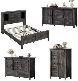 4 Pieces Farmhouse Bedroom Set, Includes Full Size Bookcase Headboard Bed Frame, 5 Drawer Tall Dresser, 47'' Dresser with 4 Drawers, 60" Dresser with 4 Drawers, Black Oak 4 Pieces Farmhouse Bedroom Set, Includes Full Size Bookcase Headboard Bed Frame, 5 Drawer Tall Dresser, 47'' Dresser with 4 Drawers, 60" Dresser with 4 Drawers, Black Oak