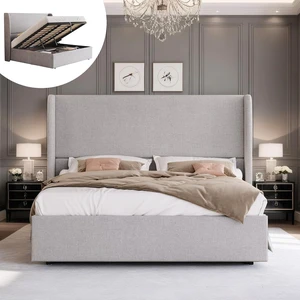 King Size Lift Up Storage Bed Frame with 51.2" Wingback Headboard, Linen Upholstered Platform Bed, Hydraulic Support System, Reinforced Metal Structure, No Box Spring Needed, Light Grey King Size Lift Up Storage Bed Frame with 51.2" Wingback Headboard, Linen Upholstered Platform Bed, Hydraulic Support System, Reinforced Metal Structure, No Box Spring Needed, Light Grey