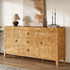 60" High Gloss Burl Buffet Sideboard Storage Cabinet, Large Wood Sideboard with Drawers, Retro Handles, Heavy Duty Coffee Wine Bar Buffet Table for Dining Room, Living Room, Yellow 60" High Gloss Burl Buffet Sideboard Storage Cabinet, Large Wood Sideboard with Drawers, Retro Handles, Heavy Duty Coffee Wine Bar Buffet Table for Dining Room, Living Room, Yellow