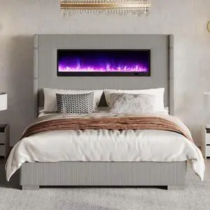 Modern Queen Size Bed Frame with Fireplace, Corduroy Upholstered Bed Frame with 60.4 Extra Tall Headboard, Wingback Platform Bed Frame Wooden Slats/No Box Spring Needed, Greige Modern Queen Size Bed Frame with Fireplace, Corduroy Upholstered Bed Frame with 60.4 Extra Tall Headboard, Wingback Platform Bed Frame Wooden Slats/No Box Spring Needed, Greige