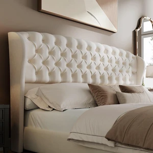 King/Cal King Headboard Only, Velvet Upholstered Wingback, Cream | velvet upholstery, deep button tufted, curved wingback design, King/Cal King compatible, easy assembly, contemporary bedroom King/Cal King Headboard Only, Velvet Upholstered Wingback, Cream | velvet upholstery, deep button tufted, curved wingback design, King/Cal King compatible, easy assembly, contemporary bedroom