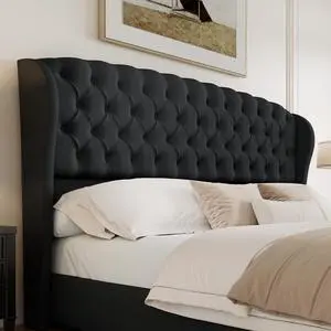 King/Cal King Headboard Only, Velvet Upholstered Wingback, Black | velvet upholstery, deep button tufted, curved wingback design, King/Cal King compatible, easy assembly, contemporary bedroom King/Cal King Headboard Only, Velvet Upholstered Wingback, Black | velvet upholstery, deep button tufted, curved wingback design, King/Cal King compatible, easy assembly, contemporary bedroom
