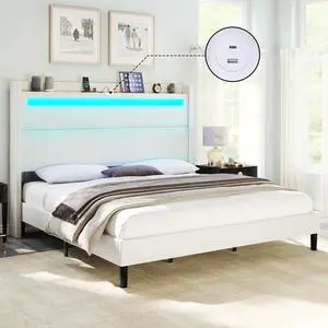 King Bed Frame with LED Lights & Wingback Headboard, Upholstered Platform Bed with USB & USB-C Ports, No Box Spring Needed/Noise Free/White King Bed Frame with LED Lights & Wingback Headboard, Upholstered Platform Bed with USB & USB-C Ports, No Box Spring Needed/Noise Free/White