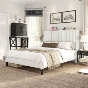Queen Size Bed Frame, Velvet Upholstered Platform Bed with Channel Tufted Headboard, Mattress Foundation with Wood Slats, No Box Spring Needed, Noise Free, White Queen Size Bed Frame, Velvet Upholstered Platform Bed with Channel Tufted Headboard, Mattress Foundation with Wood Slats, No Box Spring Needed, Noise Free, White
