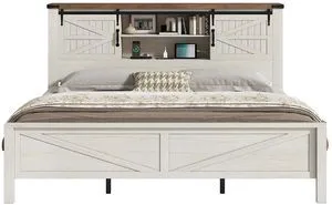 King Size Farmhouse Platform Bed Frame with Bookcase Storage Headboard, Built-in Power Outlet & USB Ports, Rustic Barn Door Style Wood Bed, No Box Spring Required, Antique White King Size Farmhouse Platform Bed Frame with Bookcase Storage Headboard, Built-in Power Outlet & USB Ports, Rustic Barn Door Style Wood Bed, No Box Spring Required, Antique White