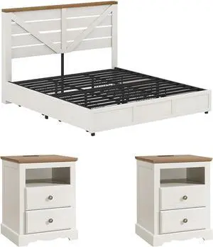 3 Piece Bedroom Set, Including Farmhouse Queen Size Bed Frame with 4 Drawers, Nightstands Set of 2 with Charging Station for Bedroom, White 3 Piece Bedroom Set, Including Farmhouse Queen Size Bed Frame with 4 Drawers, Nightstands Set of 2 with Charging Station for Bedroom, White