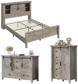 3-Piece Farmhouse Bedroom Set, Full Size Bed with Sliding Barn Doors & Bookcase Headboard, 5-Drawer Tall Dresser, 4-Drawer Wide Dresser, Light Rustic Oak 3-Piece Farmhouse Bedroom Set, Full Size Bed with Sliding Barn Doors & Bookcase Headboard, 5-Drawer Tall Dresser, 4-Drawer Wide Dresser, Light Rustic Oak