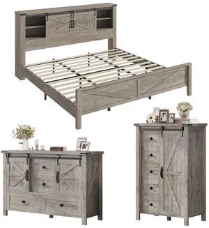 3-Piece Farmhouse Bedroom Set, King Size Bed with Sliding Barn Doors & Bookcase Headboard, 5-Drawer Tall Dresser, 4-Drawer Wide Dresser, Light Rustic Oak 3-Piece Farmhouse Bedroom Set, King Size Bed with Sliding Barn Doors & Bookcase Headboard, 5-Drawer Tall Dresser, 4-Drawer Wide Dresser, Light Rustic Oak