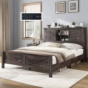 Farmhouse Queen Bed Frame, Rustic Wood Platform Beds w/Barn Door Storage Bookcase Headboard & Charging Station, Bedroom Furniture, No Box Spring Needed, Dark Oak Farmhouse Queen Bed Frame, Rustic Wood Platform Beds w/Barn Door Storage Bookcase Headboard & Charging Station, Bedroom Furniture, No Box Spring Needed, Dark Oak