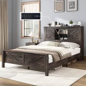 Farmhouse King Bed Frame with Storage Headboard & Charging Station, Rustic Wood Platform Bed with Barn Door Bookcase, No Box Spring Needed, Dark Oak Bedroom Furniture Farmhouse King Bed Frame with Storage Headboard & Charging Station, Rustic Wood Platform Bed with Barn Door Bookcase, No Box Spring Needed, Dark Oak Bedroom Furniture