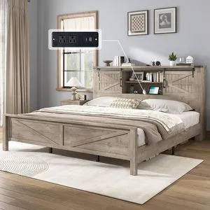 Farmhouse King Bed Frame, Rustic Wood Platform Bed w/Barn Door Storage Bookcase Headboard & Charging Station, Bedroom Furniture, No Box Spring Needed, Light Grey Farmhouse King Bed Frame, Rustic Wood Platform Bed w/Barn Door Storage Bookcase Headboard & Charging Station, Bedroom Furniture, No Box Spring Needed, Light Grey