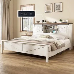 Farmhouse King Bed Frame, Rustic Wood Platform Bed w/Barn Door Storage Bookcase Headboard & Charging Station, Bedroom Furniture, No Box Spring Needed, Antique White Farmhouse King Bed Frame, Rustic Wood Platform Bed w/Barn Door Storage Bookcase Headboard & Charging Station, Bedroom Furniture, No Box Spring Needed, Antique White
