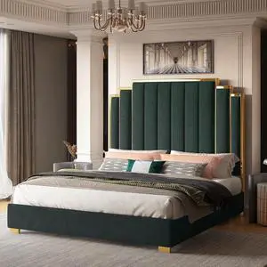 King Size Platform Bed Frame, 65" Velvet Upholstered Bed with Gold Trim Headboard/Wooden Slats/No Box Spring Needed/Green King Size Platform Bed Frame, 65" Velvet Upholstered Bed with Gold Trim Headboard/Wooden Slats/No Box Spring Needed/Green