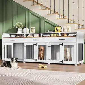 95" Dog Crate Furniture, Multi-Functional TV Stand with Storage Drawers & Removable Divider for Medium/Small Dogs, White Barnwood 95" Dog Crate Furniture, Multi-Functional TV Stand with Storage Drawers & Removable Divider for Medium/Small Dogs, White Barnwood