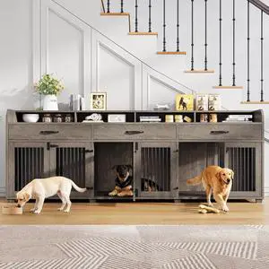 95" Dog Crate Furniture with Storage, 3-Room Indoor Wooden Dog Kennel for Medium/Small Dogs, TV Stand & Sideboard with Drawers & Removable Divider, Grey 95" Dog Crate Furniture with Storage, 3-Room Indoor Wooden Dog Kennel for Medium/Small Dogs, TV Stand & Sideboard with Drawers & Removable Divider, Grey