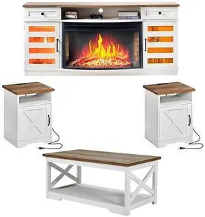 Farmhouse Living Room Table Set of 4, Include 70" Fireplace TV Stand with 36" Curved Electric Fireplace, Coffee Table & 2 End Tables with Charging Station, White+Barnwood Farmhouse Living Room Table Set of 4, Include 70" Fireplace TV Stand with 36" Curved Electric Fireplace, Coffee Table & 2 End Tables with Charging Station, White+Barnwood