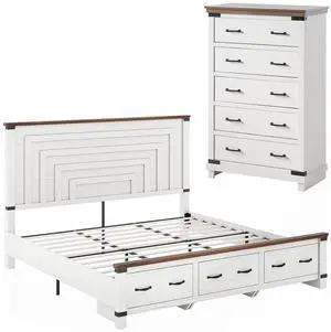 2 Pieces Farmhouse Bedroom Set, Includes Wood Rustic King Size Bed Frame with 51" Tall Headboard, 48" Tall 5 Drawers Dresser Chest, Heavy Duty Thick Plank Styling, Antique White 2 Pieces Farmhouse Bedroom Set, Includes Wood Rustic King Size Bed Frame with 51" Tall Headboard, 48" Tall 5 Drawers Dresser Chest, Heavy Duty Thick Plank Styling, Antique White