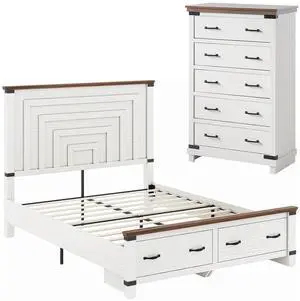 2 Pieces Farmhouse Bedroom Set, Includes Wood Rustic Full Size Bed Frame with 54" Tall Headboard, 48" Tall 5 Drawers Dresser Chest, Heavy Duty Thick Plank Styling, Antique White 2 Pieces Farmhouse Bedroom Set, Includes Wood Rustic Full Size Bed Frame with 54" Tall Headboard, 48" Tall 5 Drawers Dresser Chest, Heavy Duty Thick Plank Styling, Antique White